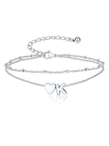 Suplight Initial Ankle Bracelets for Women 14K Gold Plate Waterproof No Tarnish Anklets Layered Heart Letter Anklet Adjustable Plus Size Foot Chain Summer Beach Boho Jewelry Silver Black 8.5-10 Inch - color: Silver, style: 11.K