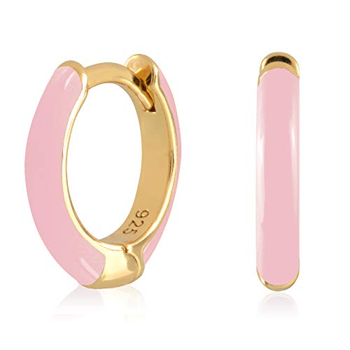 14K Gold Plated Sterling Silver Enamel Color Huggie Hoop Earrings for Women – Wide Range of Vibrant Color Options Available - color: Pink ( Light )