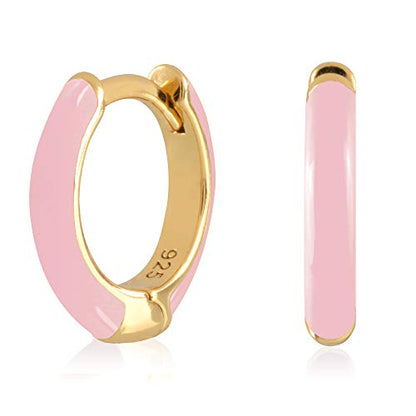 14K Gold Plated Sterling Silver Enamel Color Huggie Hoop Earrings for Women – Wide Range of Vibrant Color Options Available - color: Pink ( Light )