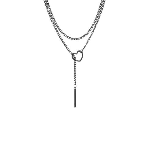 MIFYNN Heart O ring Slip Chain Necklaces for Women Stainless Steel Cuban Chain Bar Necklace Punk Rock Collar Necklace Handmade Adjustable Lariat Y Necklaces for Men - color: Black heart bar