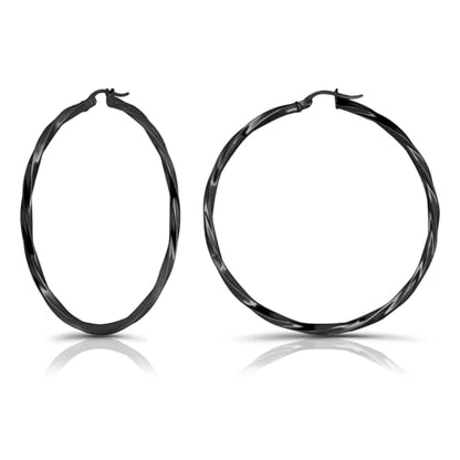 Hoops & Loops 925 Sterling Silver Twisted Hoop Earrings for Women - Hypoallergenic 14K Gold, Rose Gold, Black Flash Plated 2mm Thin Twist Design Round Click-Top Hoops, 15/20/25/30/35/40/50/60mm - color: Black-50mm(1.96inch)