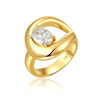 14K Gold Plated Ring for Women, Oval Cubic Zirconia Wrap Bands Ring, Chunky Dome Statement Ring Size 5 to 10 - color: Gold