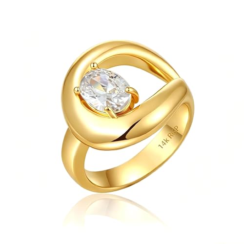 14K Gold Plated Ring for Women, Oval Cubic Zirconia Wrap Bands Ring, Chunky Dome Statement Ring Size 5 to 10 - color: Gold