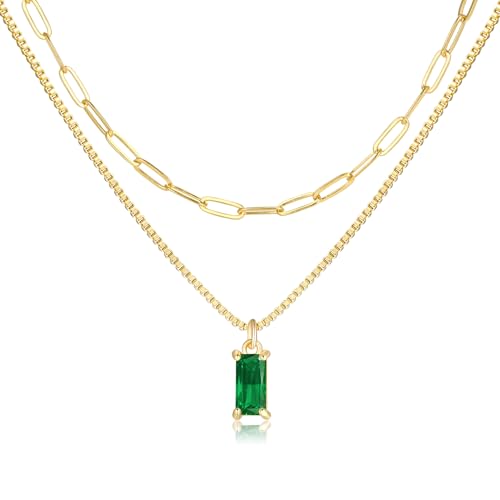 Dainty Gold Charm Necklaces for Women Non Tarnish, 14K Trendy Blue Green Cubic Zirconia Emerald Pendant Birthstone Necklaces Birthday Gifts for Women Waterproof Jewelry - color: 05-May(Emerald)