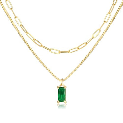 Dainty Gold Charm Necklaces for Women Non Tarnish, 14K Trendy Blue Green Cubic Zirconia Emerald Pendant Birthstone Necklaces Birthday Gifts for Women Waterproof Jewelry - color: 05-May(Emerald)