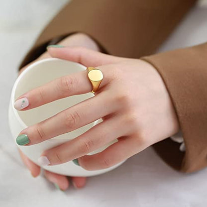 Promise Rings for Women Stainless Steel,Oval Signet Polished 12MM Ring for Women Silver/Gold Engagement Rings for Women - color: (Custom Engraving)Gold
