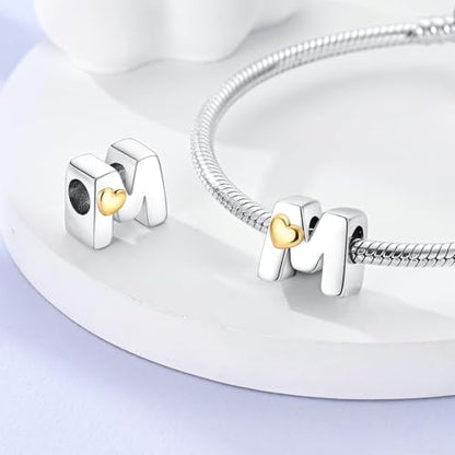 Two-Tone Gold Heart S925 Silver Letter Charm Fits Pandora Bracelet Necklace | Initial Bead Two-Tone Gold Heart, DIY European Bracelet Accessory, Gift for Ladies Birthday Anniversary Valentine - style: M