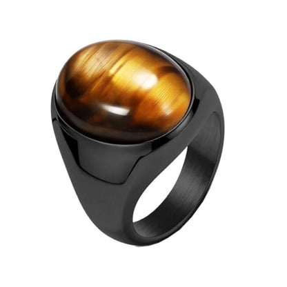 PAURO Men's Stainless Steel Oval Gemstone Signet Rings Minimalist Polish Plain Wedding Band - color: Black Plated Brown