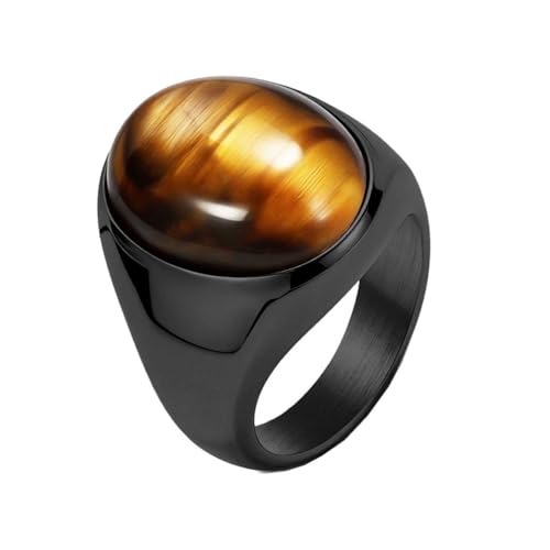 PAURO Men's Stainless Steel Oval Gemstone Signet Rings Minimalist Polish Plain Wedding Band - color: Black Plated Brown