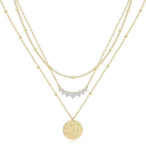 Layered Gold Silver Necklaces for Women, Stackable Stack 14K Real Gold Plated Silver Chain Necklace Diamond Circle CZ Layering Pendant Necklaces Trendy Gold Jewelry Set Gifts - color: gold, style: 3PC-CZ