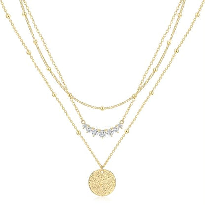 Layered Gold Silver Necklaces for Women, Stackable Stack 14K Real Gold Plated Silver Chain Necklace Diamond Circle CZ Layering Pendant Necklaces Trendy Gold Jewelry Set Gifts - color: gold, style: 3PC-CZ