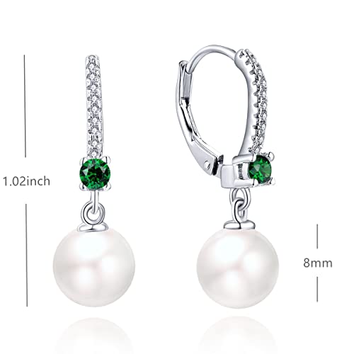 JO WISDOM 925 Sterling Silver Freshwater Pearl Hoop Earrings with Dangle Real Pearl,Simulated Pearls - color: B-8mm white pearl,green emerald