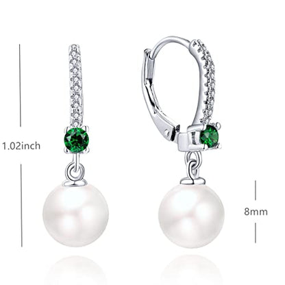 JO WISDOM 925 Sterling Silver Freshwater Pearl Hoop Earrings with Dangle Real Pearl,Simulated Pearls - color: B-8mm white pearl,green emerald