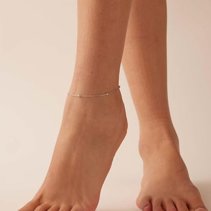Dainty Ankle Bracelets for Women 18K Gold Plated Waterproof | Satellite Beaded Herringbone Lip Chain Anklets Simple Minimalist Summer Beach Foot Jewelry, Gift Box Included - color: Bead Chain -White Gold