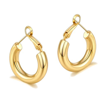 sovesi Chunky Hoop Earrings for Women, 14K Gold Plated Thick Hoops | 5mm Thick Hollow Tube Chunky Lightweight Hypoallergenic Hoop Earrings for Women - style: Gold 22MM