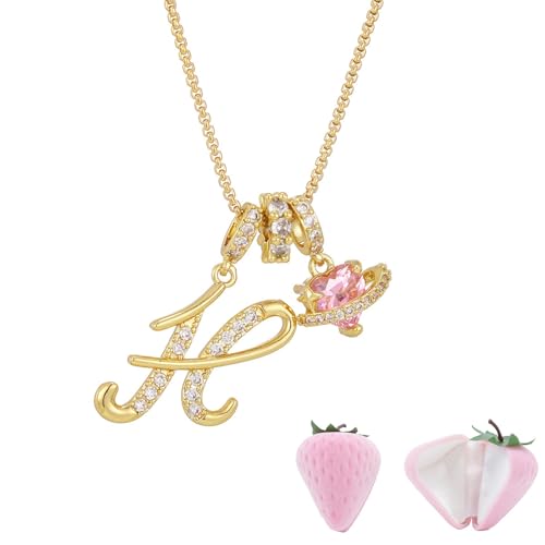 Initial Letter Necklace with Pink Heart Charm, Sparkling Zircon Alphabet Pendant in Gold or Silver Tone, Sweet Style Jewelry with Gift Box, Letter Chain for Daily Wear and Gift - color: Gold+Pink Box, size: #H
