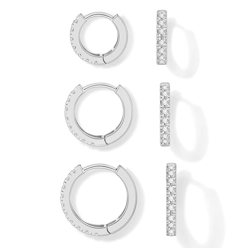 micuco 3 Pairs Small Hoop Earrings Tiny Cartilage Earrings for Women Men | Cubic Zirconia Earrings Huggie Hoop Ear Piercing Earrings for 8mm 10mm 12mm - color: 1# 14K White Gold Plated 8mm,10mm,12mm