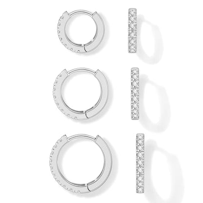 micuco 3 Pairs Small Hoop Earrings Tiny Cartilage Earrings for Women Men | Cubic Zirconia Earrings Huggie Hoop Ear Piercing Earrings for 8mm 10mm 12mm - color: 1# 14K White Gold Plated 8mm,10mm,12mm