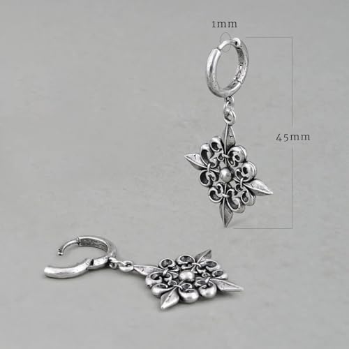 PUNKYOUTH Gothic Crest Dangle Drop Hoop Earrings Dark Alternative Piercing Jewelry 18G 1mm Antique Finish Ornate Scroll Cubic Zirconia Spike Statement Everyday Wear Accessories For Women Men - color: Fleur-de-lis-Silver