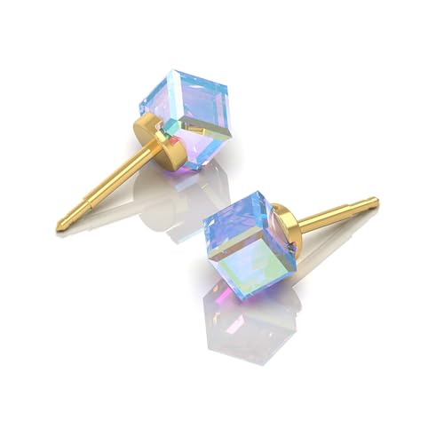 316L Stainless Steel Stud Earrings for Sensitive Ears – Hypoallergenic Princess Cut Square Cubic Zirconia Post Earrings for Women & Men – Nickel Free Daily Jewelry - color: Gold Plated - Rock Crystal