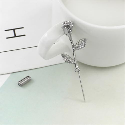 Dreuyet Simple Gold Silver Plated Long Brooch Pins with Cute Animal Antlers Leaves Plant Bees Rabbits Rose Flower Feather Brooch Jewelry for Women Men Elegant Suit Collar Lapel Pin - style: Rose