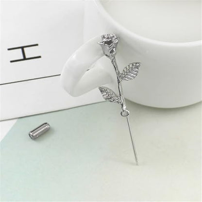 Dreuyet Simple Gold Silver Plated Long Brooch Pins with Cute Animal Antlers Leaves Plant Bees Rabbits Rose Flower Feather Brooch Jewelry for Women Men Elegant Suit Collar Lapel Pin - style: Rose