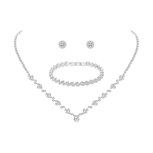 Silver Tennis Necklace and Bracelet Set for Women Wedding Jewelry Sets for Brides Earrings Prom Bridesmaid Jewelry - color: Silver03