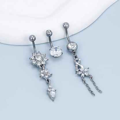 14G Dangle Belly Button Ring Piercing Jewelry 316L Stainless Surgical Steel Heart Flower CZ Reverse Navel Rings Dangling Belly Button Ring Piercing Jewelry for Women 14 Gauge Hypoallergenic - style: 12Pcs Silver