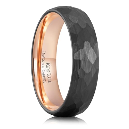 King Will Men's Tungsten Carbide Wedding Ring Hammered Groove Wedding Band Mens Two Tone Engagement Ring for Men and Women Matte Brushed Finish Comfort Fit - color: 6MM Rose Gold-Black