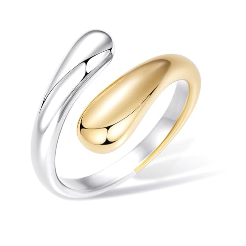 Non Tarnish Gold Chunky Rings for Women, 14K Gold Plated Statement Dome Rings Stacking Silver, Adjustable Mens Eternity Wedding Band Mixed Metal Jewelry Size 3-13 - color: Silver & Gold, size: 7, style: Open Twist Band