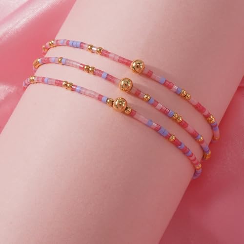 Colorful Gold Beaded Bracelets for Women Boho Tiny Gold Plated Ball Stretch Stackable Small Seed Beads Bracelet Stack Trendy Jewelry Set Dainty Vacation Friendship Christmas Gifts for Women - color: Pink