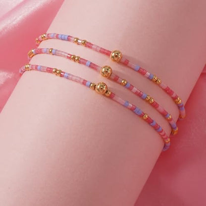 Colorful Gold Beaded Bracelets for Women Boho Tiny Gold Plated Ball Stretch Stackable Small Seed Beads Bracelet Stack Trendy Jewelry Set Dainty Vacation Friendship Christmas Gifts for Women - color: Pink