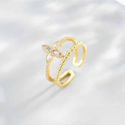 Adjustable Rings for Women 18K Gold Plated daisy Flower Butterfly Ball Cubic Zirconia Rings Dainty Open Stacking Ring - color: Flower CZ-Gold