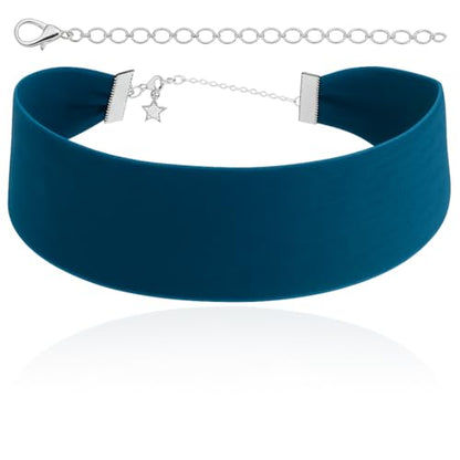 Velvet Choker for Women, Wide 1.5" 90s Ribbon Adjustable 12–18" with Stainless Steel Clasp, Soft Skin-Friendly Velvet — Black - color: Blue