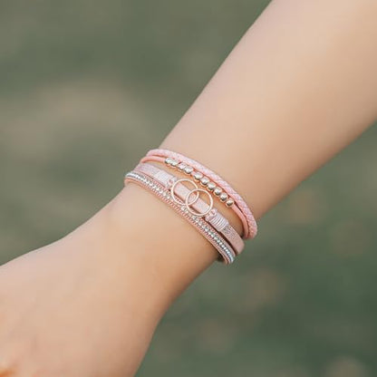 Chunky Boho Leather Wrap Bracelets Cowgirl Beaded Circle Western Jewelry | Stackable Infinity Layered Bohemian Magnetic Clasp Cuff Statement Fashion Colorful Country Hippie Outfits for Women Trendy - color: Pink