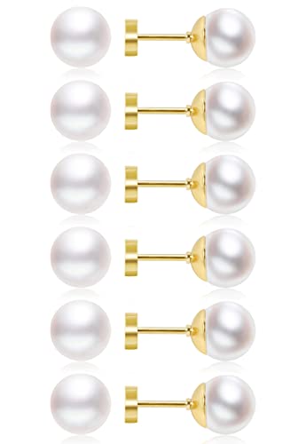 Dainty Flat Back Pearl Earrings for Women, 6 Pairs Flatback Pearl Earrings in 14K Gold Silver 3-8MM Studs Earring Sets for Multiple Piercing Hypoallergenic - style: 14K Gold - 8mm Pearl Earrings