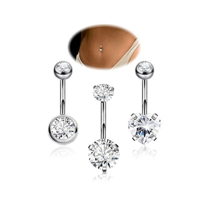 REVOLIA 3Pcs 14G F136 Titanium Belly Button Rings for Women Hypoallergenic Cubic Zirconia Navel Rings Heart Belly Rings Sliver Pretty Belly Piercing Barbells 6-16mm - color: silver