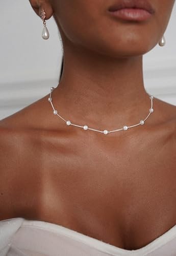 Silver Pearl Necklaces for Women Sterling Silver Plated Dainty Pearl Choker Jewelry Gifts for Women - color: Pearl Silver