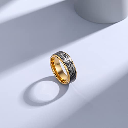 Tungsten Ring 8mm Computer Circuit Pattern Ring Black/Gold/Silver Tungsten Carbide Wedding Band for Men Comfort Fit - color: Black Gold