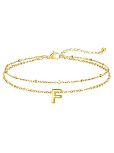FaithHeart Initial Ankle Bracelets for Women, Waterproof 14k Gold Plated Initial Anklets Non Tarnish Stainless Steel Cute Layered Anklet Summer Beach Jewelry - color: Gold, size: Initial F