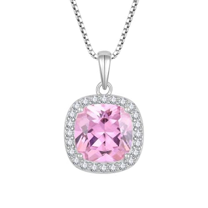 Birthstone Necklace for Women 925 Sterling Silver Princess Cut Halo Necklace Pendant Jewelry for Mom Wife - color: Pink