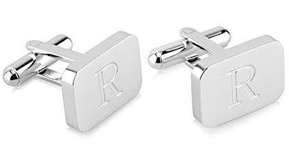 18K White-Gold Plated Initial Engraved Stainless Steel Men’s Cufflinks With Gift Box -Personalized Alphabet Letter’s A-Z By Lux & Pair - style: R- White Gold