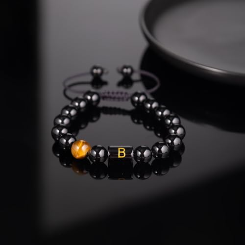 FRG Initials Bracelets for Men Letter Link Handmade Natural Black Onyx Tiger Eye Stone Beads Braided Rope Meaningful Bracelet - style: Braided rope-S