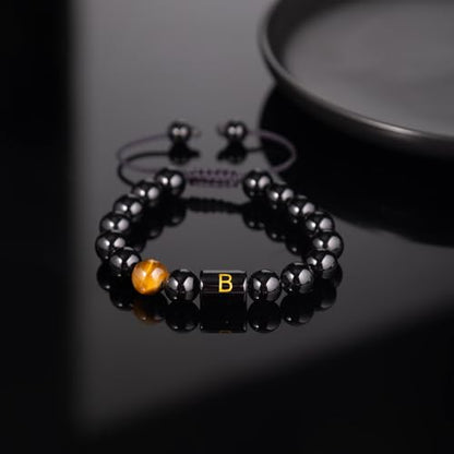 FRG Initials Bracelets for Men Letter Link Handmade Natural Black Onyx Tiger Eye Stone Beads Braided Rope Meaningful Bracelet - style: Braided rope-H