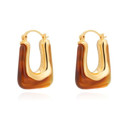Milan Chiva Acrylic Gold Hoop Statement Dainty Summer Earrings | Brown Resin Chunky Huggie Vintage Earrings | Clear Enamel Drop Earring Lightweight Hypoallergenic Trendy Jewelry Gifts for Women - color: Brown