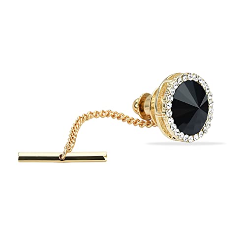 Men's Classic Round Crystal Men's Tie Tack Gold Color Tie Tack Clutch Back Fashion Necktie Tack Pin with Chain Crystal Lapel Pins Brooch - color: Black&Gold Tie Tack