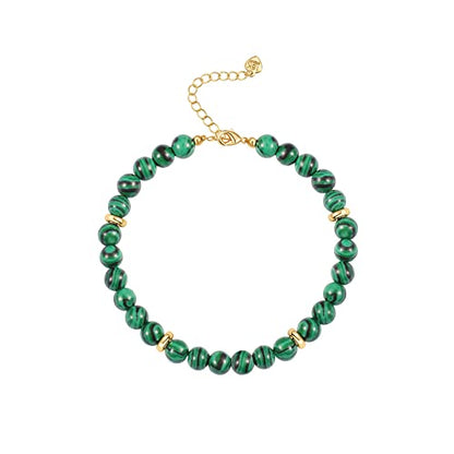 POTESSA Healing Stone Beaded Bracelets for Women Semi-Precious Gemstones Bracelets Pearl Beaded Bracelet Adjustable Strand Bracelets 6MM - color: Malachite