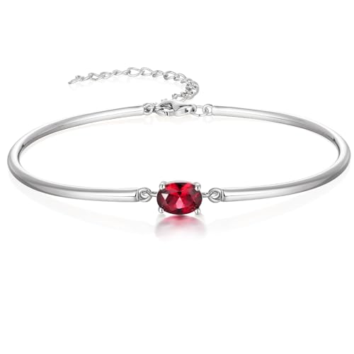Moissanite/Sapphire/Ruby/Emerald Cuff Bracelet 1 Carat Oval Cut Center Stone Inlaid 925 Sterling Silver 14K Gold Plated Adjustable Birthstone Bangle for Women fit Wrist 5-7.5 Inch - color: Ruby Silver