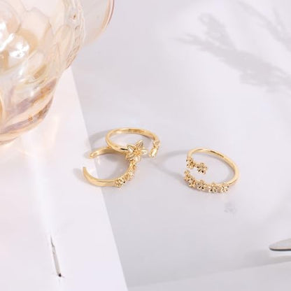 Mikovivi 3 Pcs Flower Toe Rings for Women, Gold-Tone Open Adjustable Band Toe Rings Set Bohemian Summer Beach Foot Jewelry Accessories