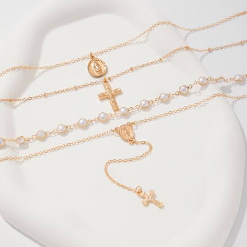 KURTCB Rhinestone Necklace for Women Boho Long Y Lariat Gold Necklace Stack Colorful Summer Beach Jewelry - color: Gold Pearl Cross